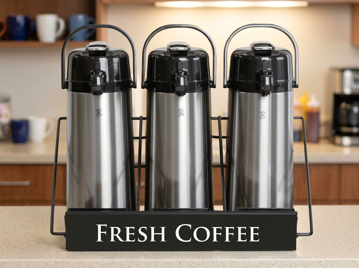 Powder-coated airpot rack with sign holders for office coffee service