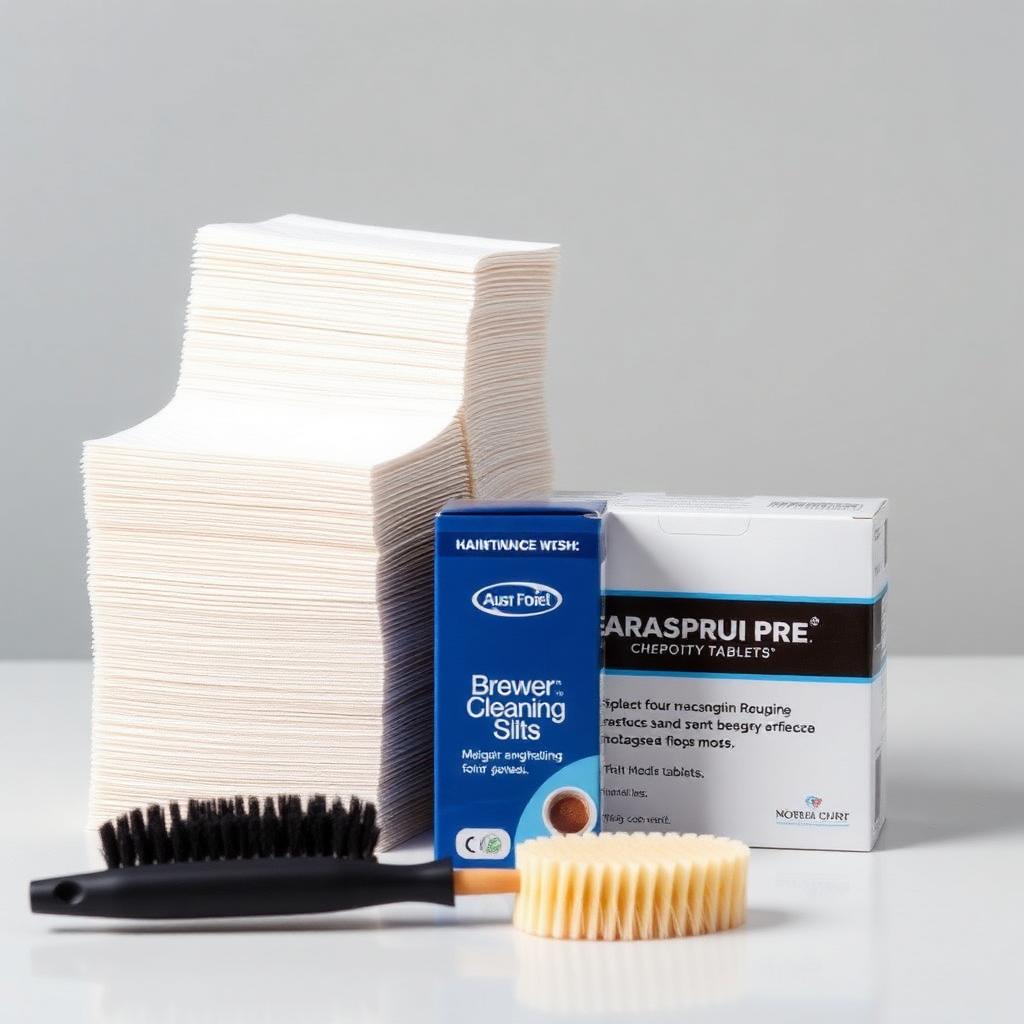 Commercial coffee brewer filters, cleaning tablets, and maintenance kits
