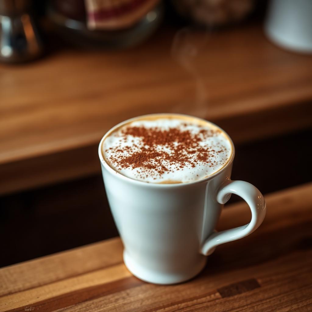 Frothy office cappuccino with foam and cocoa dusting