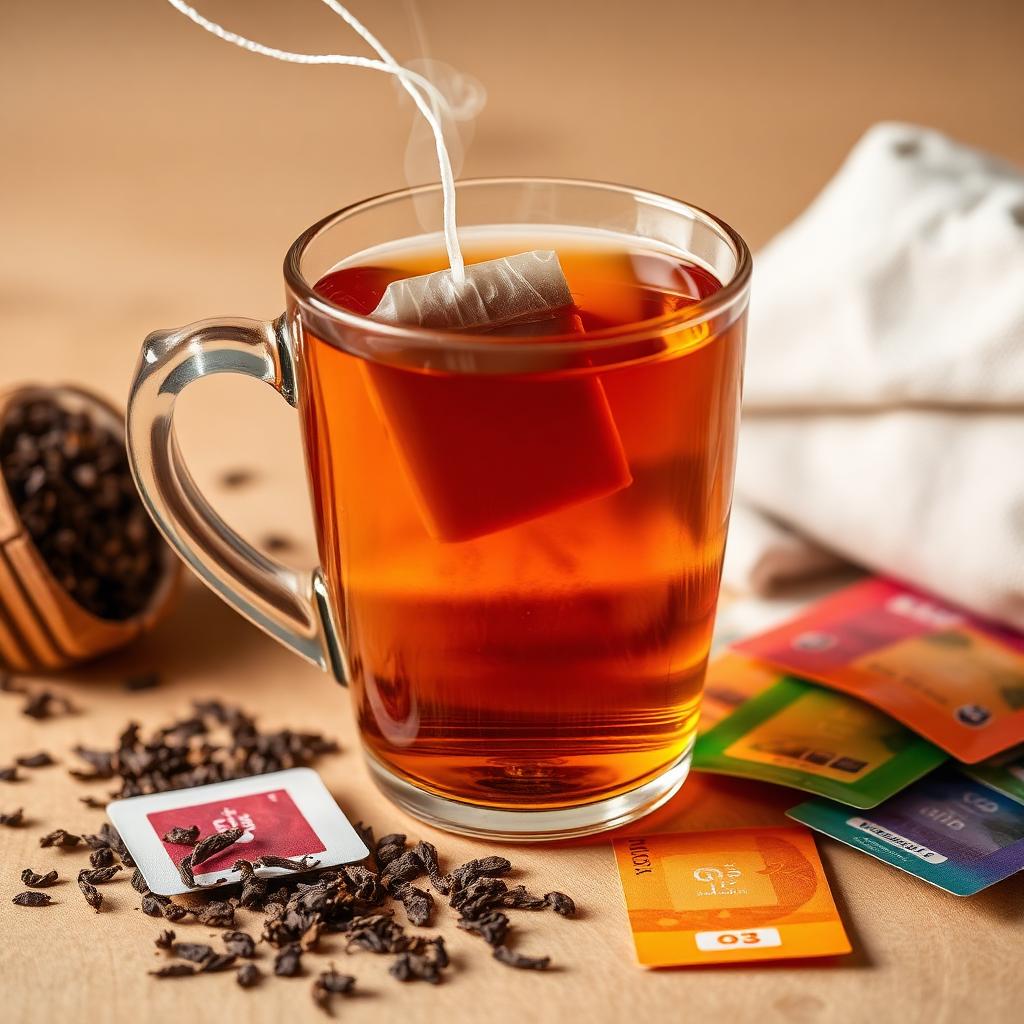 Steeping hot tea in a glass mug with assorted tea bags