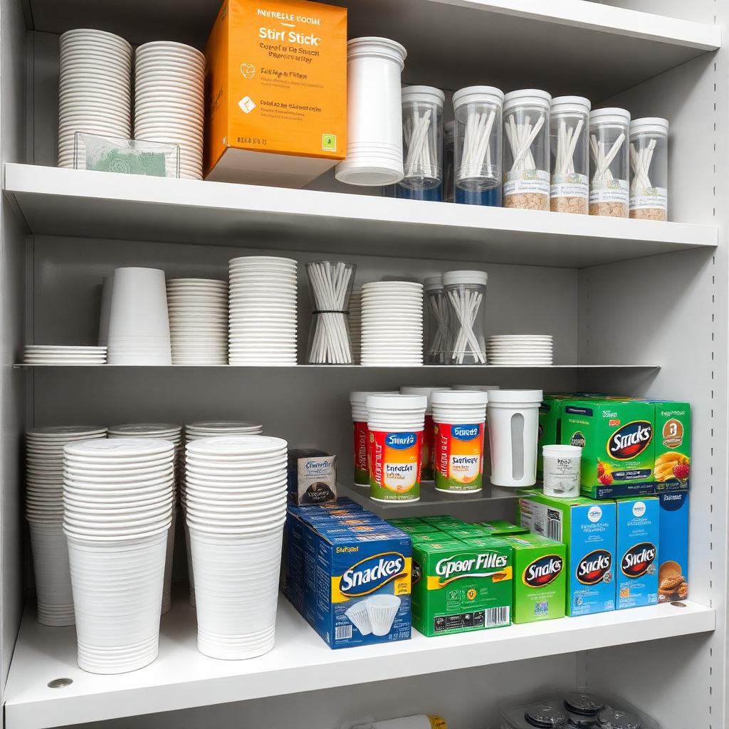 Sioux Falls office breakroom supplies stocked on shelves